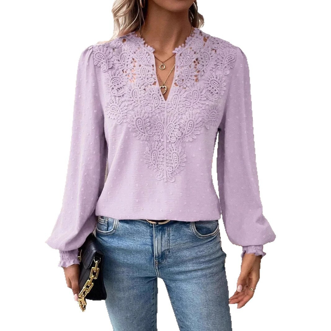 2025 Autumn Winter New Fashion V-neck Lace Solid Color Long Sleeve Casual T-shirt for Women