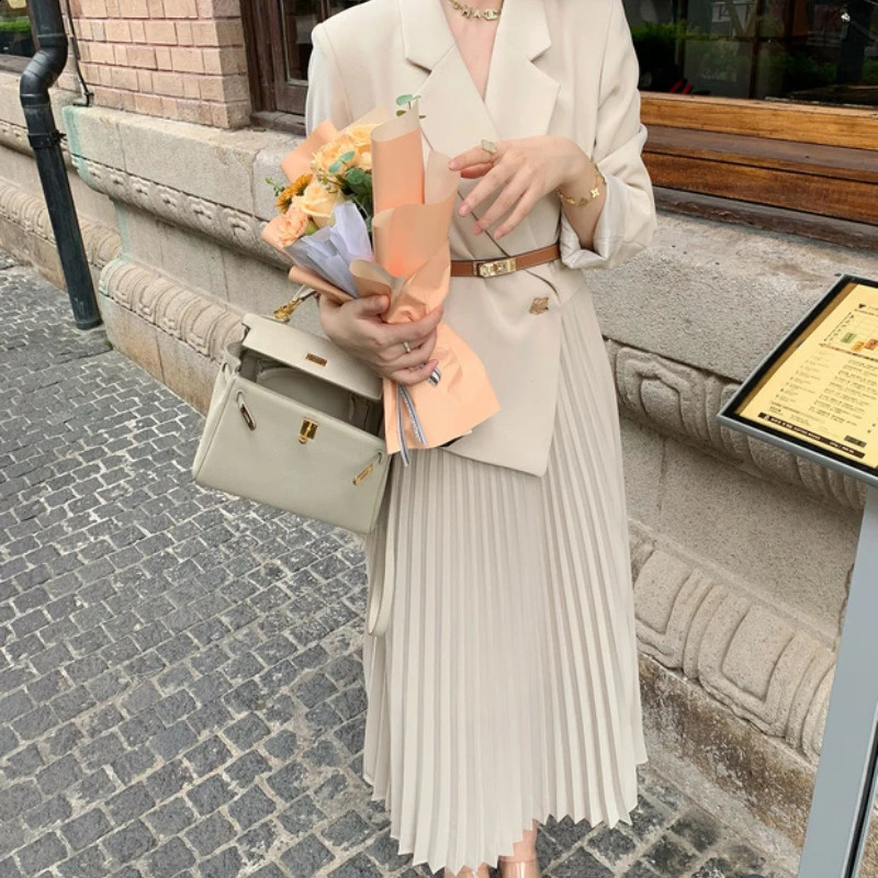 Women Blazer Dress Autumn Korean Fashion Suit Spliced Pleated Long Dress Elegant Women Stylish Outfit OL Vintage Dress 251020
