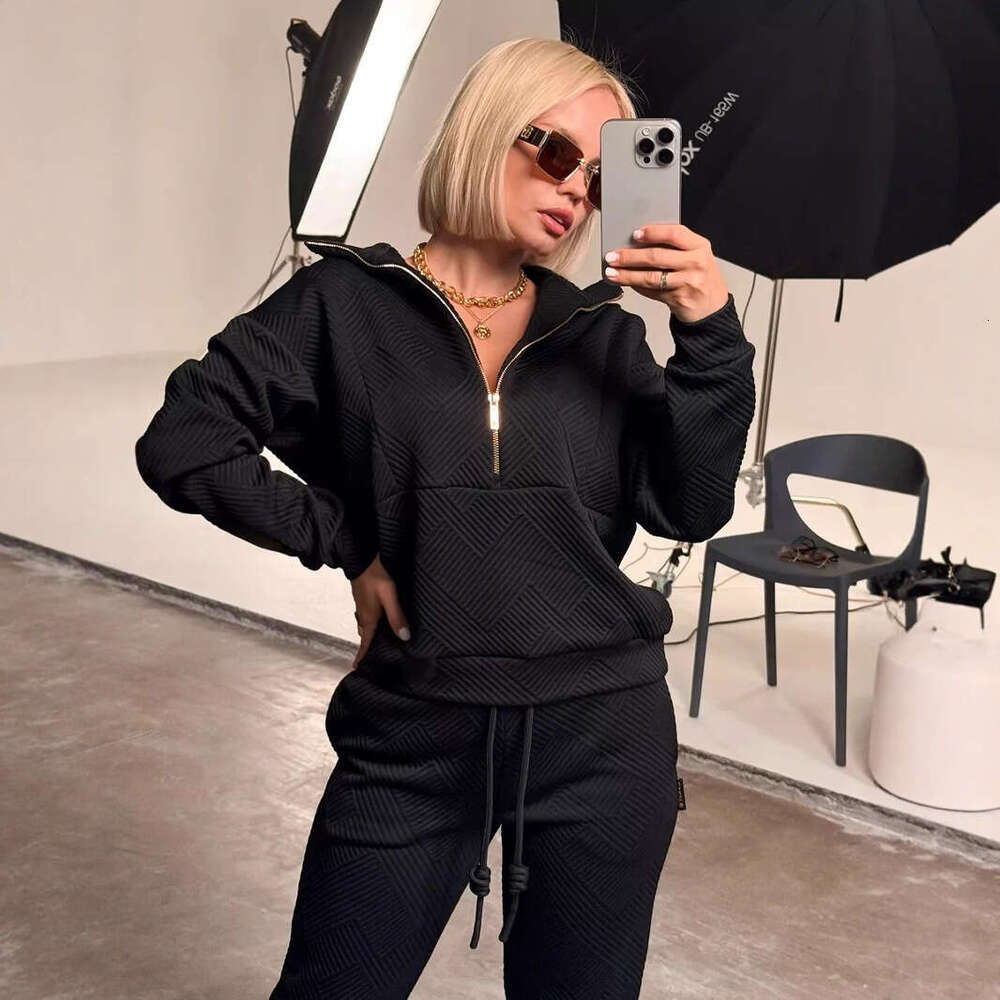 Casual Women's Solid Color Long Sleeve Zipper Loose Top with Drawstring Pants Two-Piece Set
