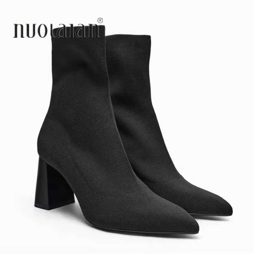 2025 Autumn Winter Knitted Stretch Fabric Socks Boots Women Low Heel Short Boots Pointed Toe Female Ankle Booties Size 42 W251024