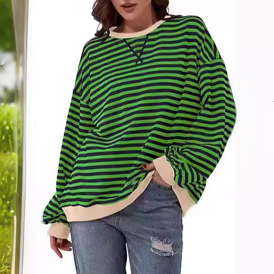 2025 Autumn Winter New Season Simple Home Casual Loose Striped Pattern Round Neck Long Sleeve Pullover Color Block T-Shirt