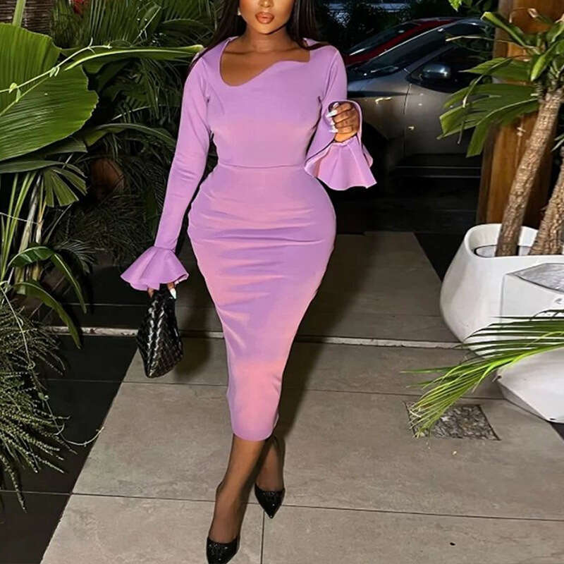 Round Neck Fashion Flared Long Sleeve Pullover Dress Solid Color Mid-Length Slit Irregular Skirt 2026 Style