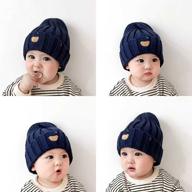 Cute Bear Baby Beanie Korean Toddler Knitted Hat Solid Color Winter Warm Woolen Crochet Bonnet 536 Months Boy Girl Skullies CapL251024