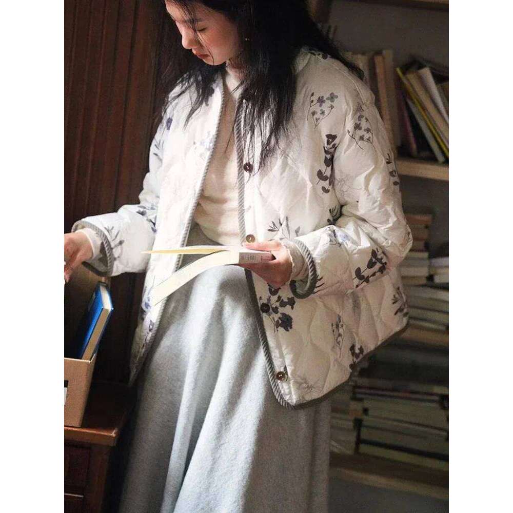 Vintage Floral Quilted Jacket Women's O Neck Single Breasted Dia Plaid Loose Warm Outwear Fashion Long Sleeve Coat Top