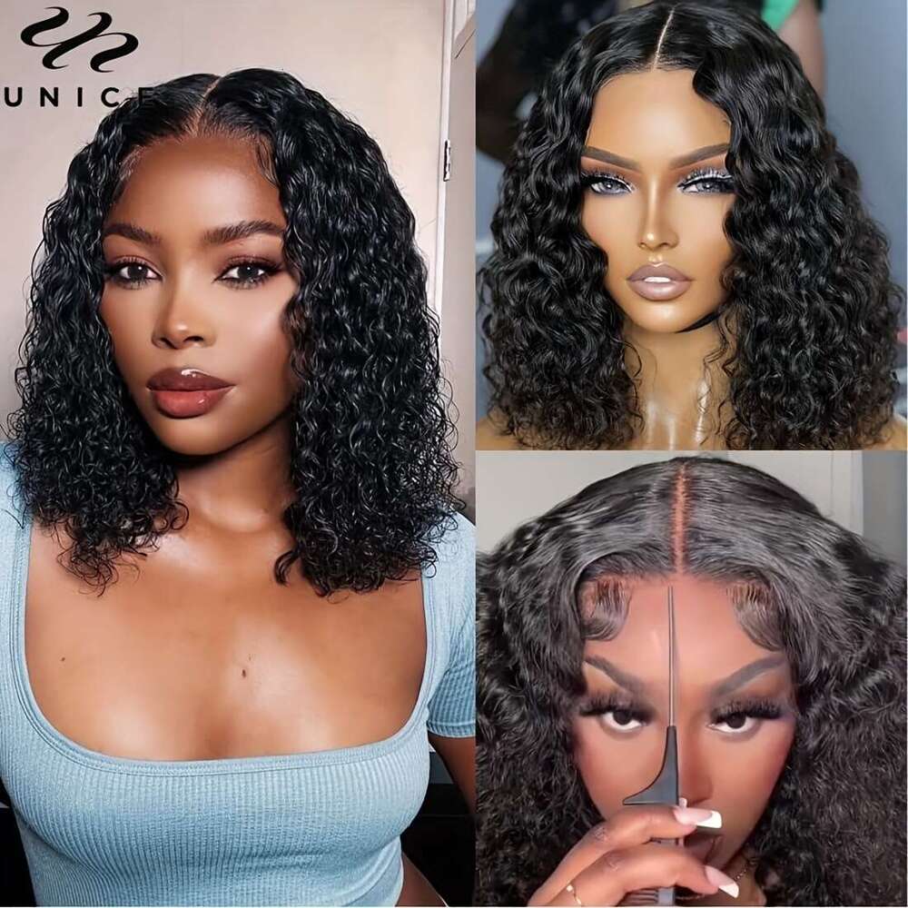 UNICE Water Wave Short Bob Human Hair 7x5 HD Cut Lace Bye Glueless Wigs Bleached Knots Pre Plucked Hairline Put on and Go Beginner Wig for Women