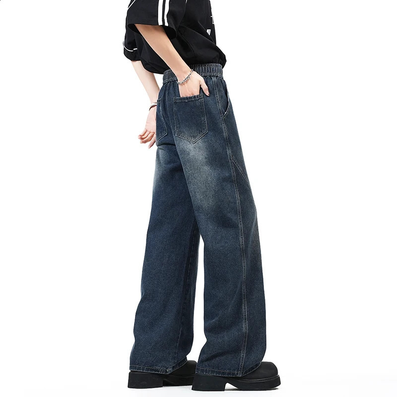 2025 Autumn Wide Leg Jeans Washed High Street 190 Tall Men Elastic Waist 115CM Long Length Loose Comfortable Casual 251018