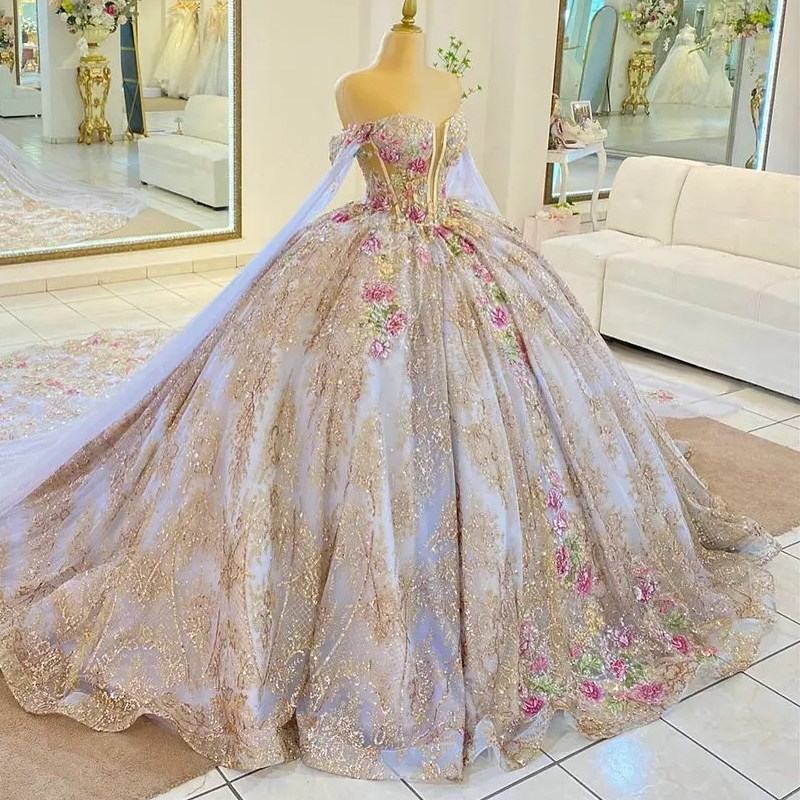 Champagne Glitter Crystal Sequined Ribbons Quinceanera Dresses Ball Gown Illusion Floral Appliques Lace Sweet 15 Anos Mexican