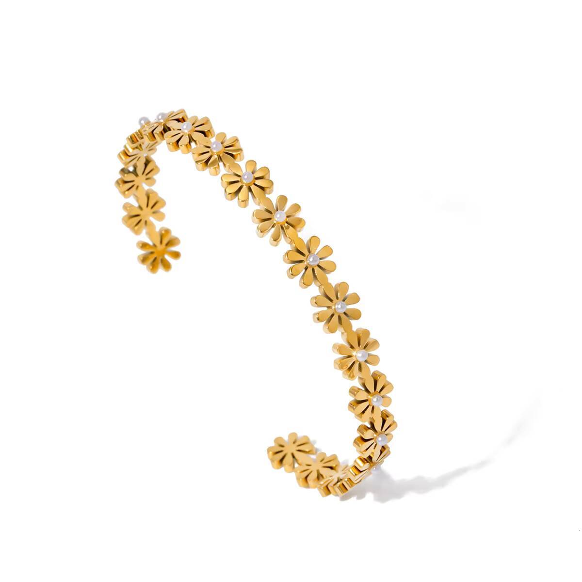 Wholesale Factory Direct Sales French Classic 18k Gold Stainless Steel Small Daisy Sticky Pearl Open Bracelet