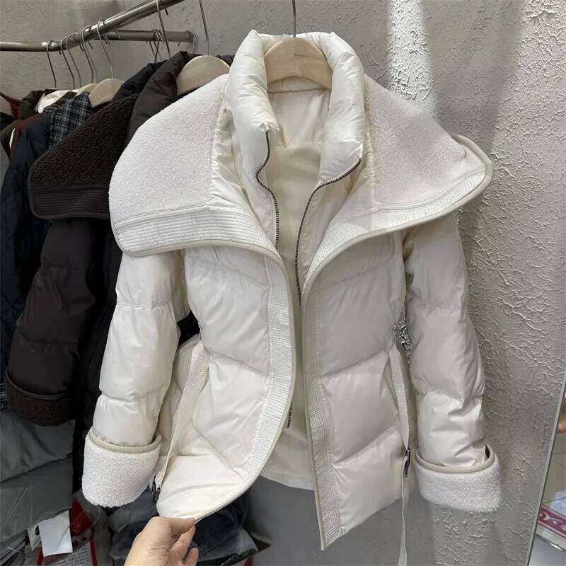 Lamb Wool Spliced Cotton Jacket With Belt Women's Autumn Winter Stand Collar Thick Short Outwear 2025 New Long Sleeved Warm Coat