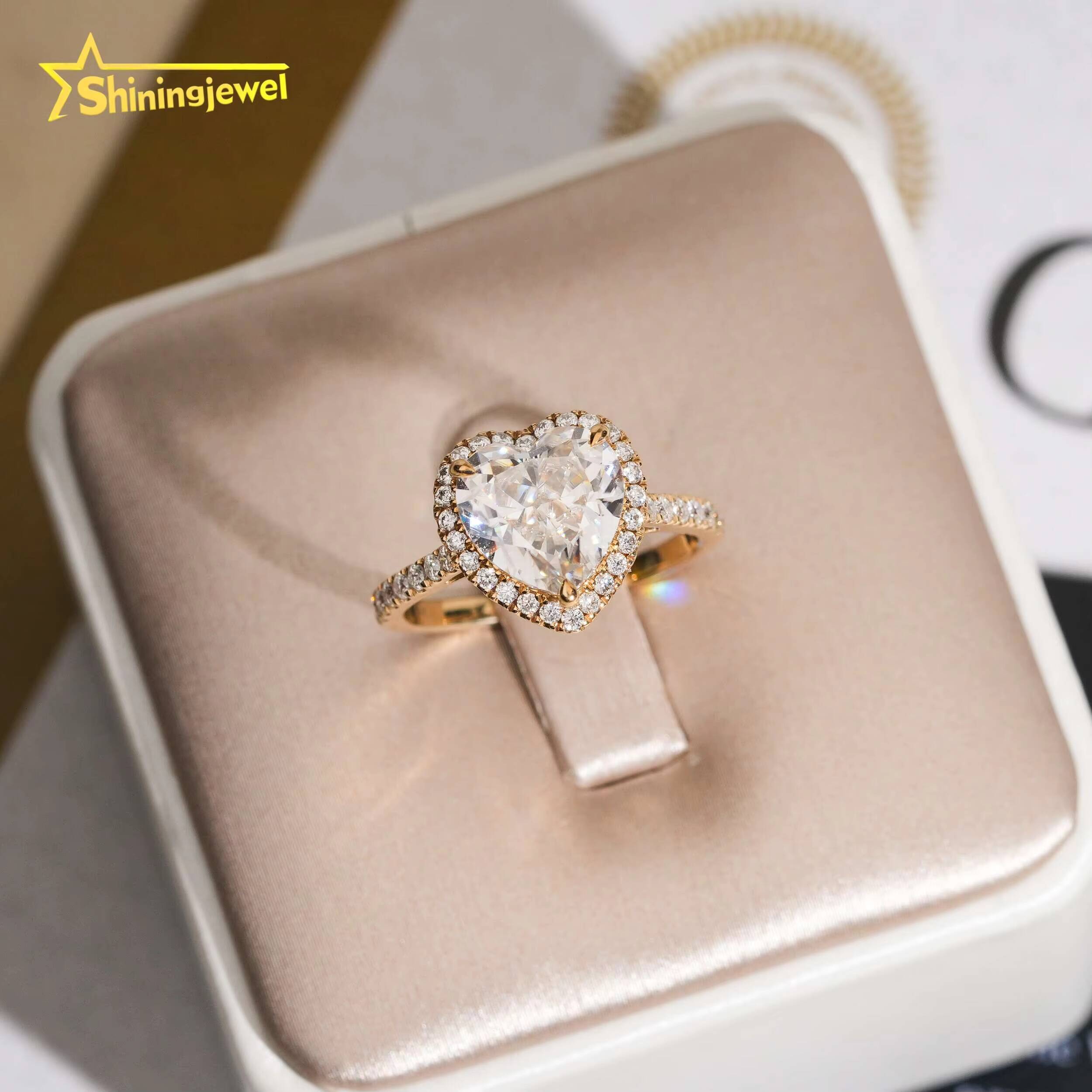 14K Solid Gold Heart Cut Cluster Half Band Paved Moissanite Lab Diamond Engagement Wedding Rings