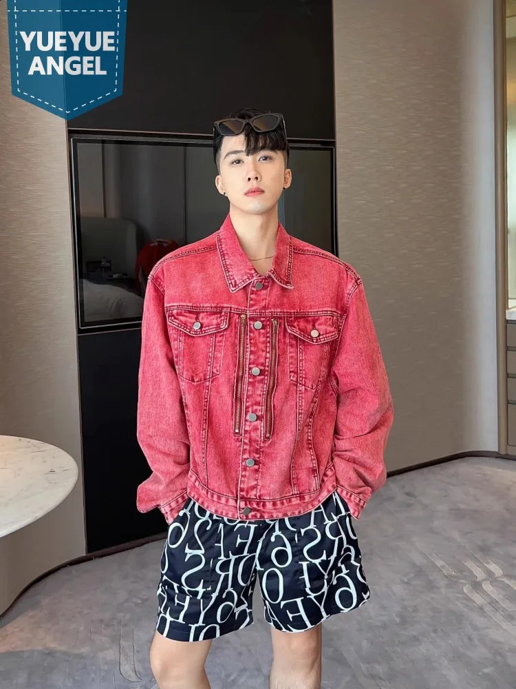 Mens Denim jacket High Steet Spring Autumn Casual Outerwear Single Breasted Loose Fit Long Sleeve Vintage Short Coat 251017