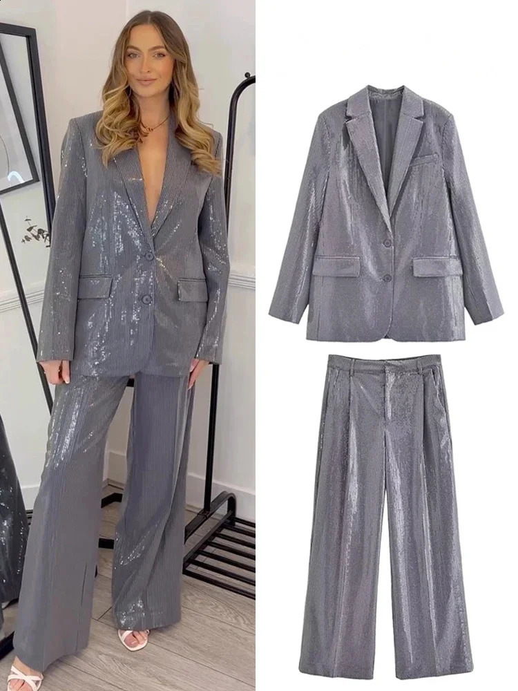 HH Women 2 Piece Suit Long Sleeves Lapel Pocket Sequins Decorate Single Breasted BlazersHigh Waist Zipper Side Pockets Pant 251023