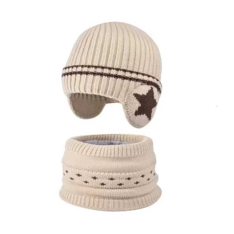 Kids Winter Hat Neck Warmer Set Plush FleeceLined Ear Flap Beanie with Star Pattern Warm Knit Baby CapL251024