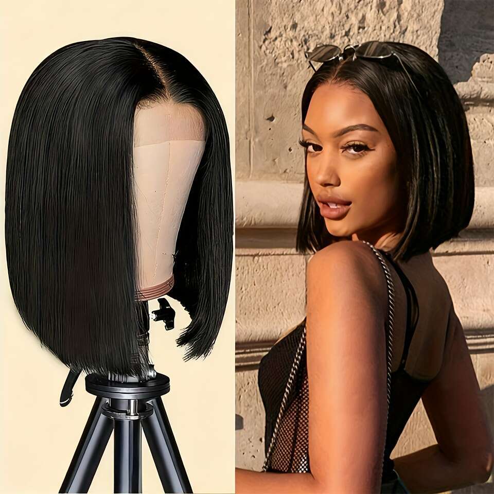 200% Density Short Bob Front Human Hair Straight Wigs For Women 13x4 HD Transparent Brazilian Lace Frontal Wig Pre Plucked Natural Black Color