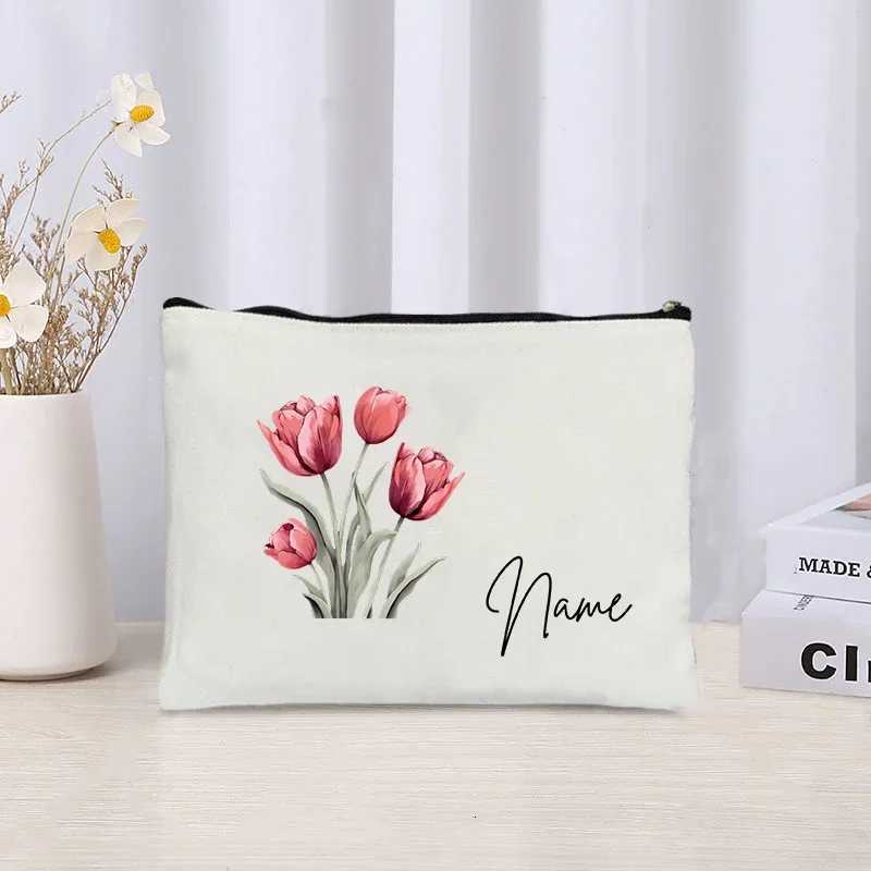 Tulip Flowers Customized Name Cosmetic Bag Wedding Bride Bridesmaid Lipstick Pouch Travel Storage Makeup Bags Personalized GiftT251024