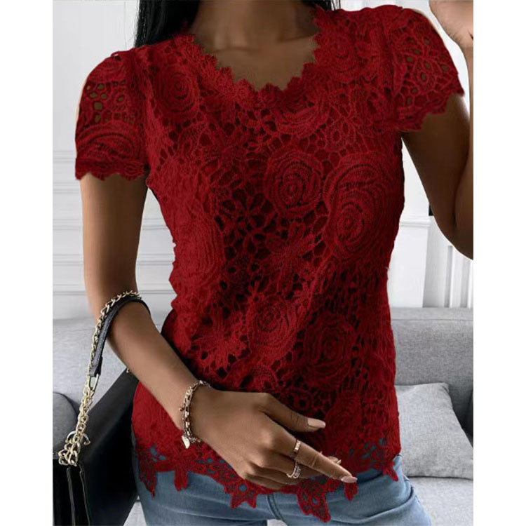 Summer New Women's Lace Blouse Short Sleeve Top