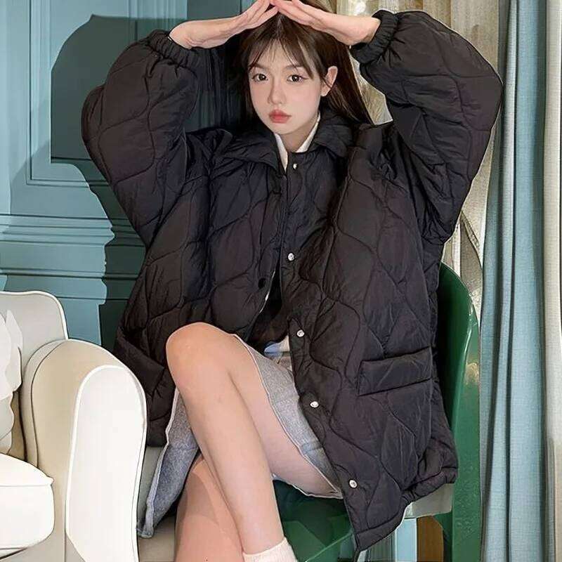 Autumn Winter Vintage Loose Wool Rhombus Cotton-Padded Jacket Parkas Women Sweet Pocket Solid Long Sleeve Coat Warm Outerwear