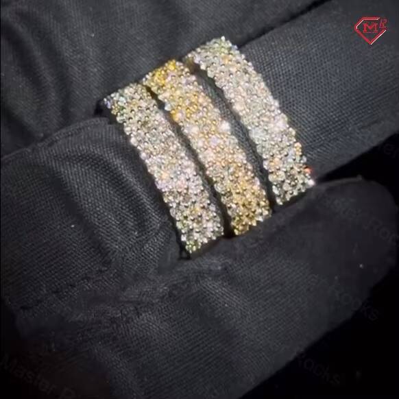 Hiphop Moissanite Ring 3 Rows Pave Setting Eternity Band Ring 925 Silver Gold Plated Vvs Moissanite Ring