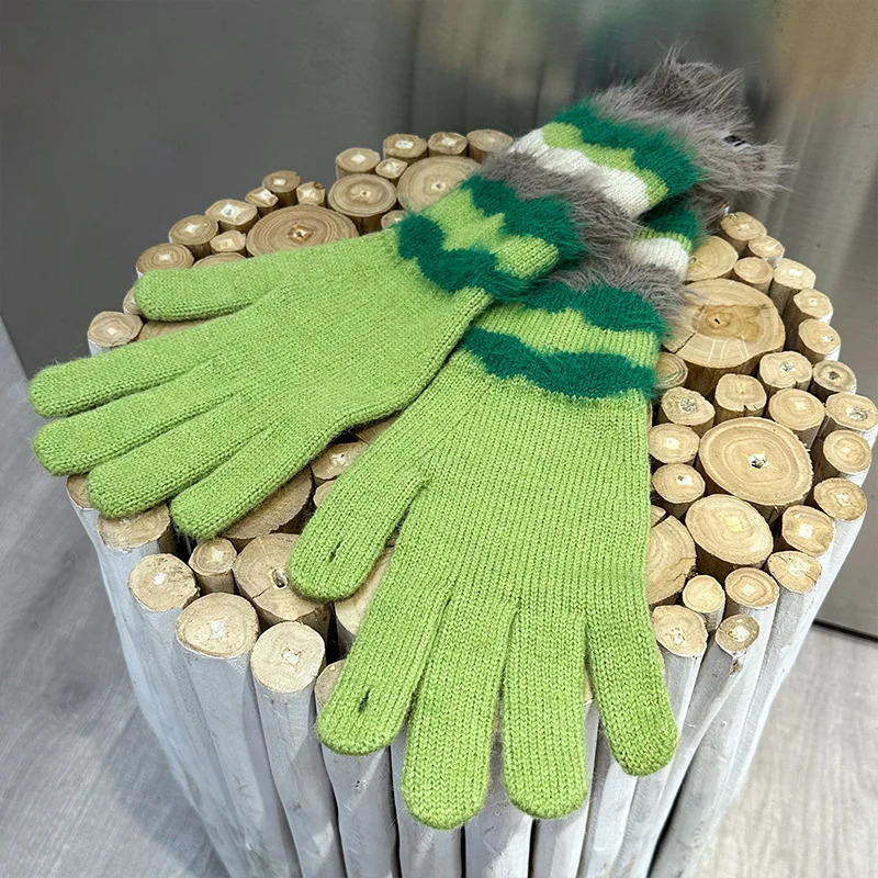 Autumn and Winter Warm Mink Fur Mens and Womens Color Striped Touch Screen Knitted Gloves with Exposed Fingers 251023