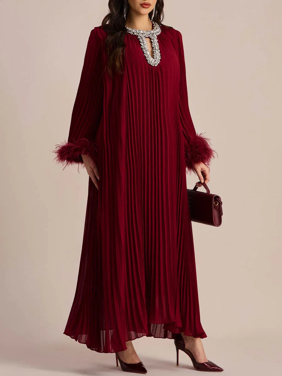 VGH Fashion Spliced Feathers Loose Chic Dress For Women O Neck Long Sleeve Hollow Out Patchwork Diamonds Pleated Dresses Female 251020
