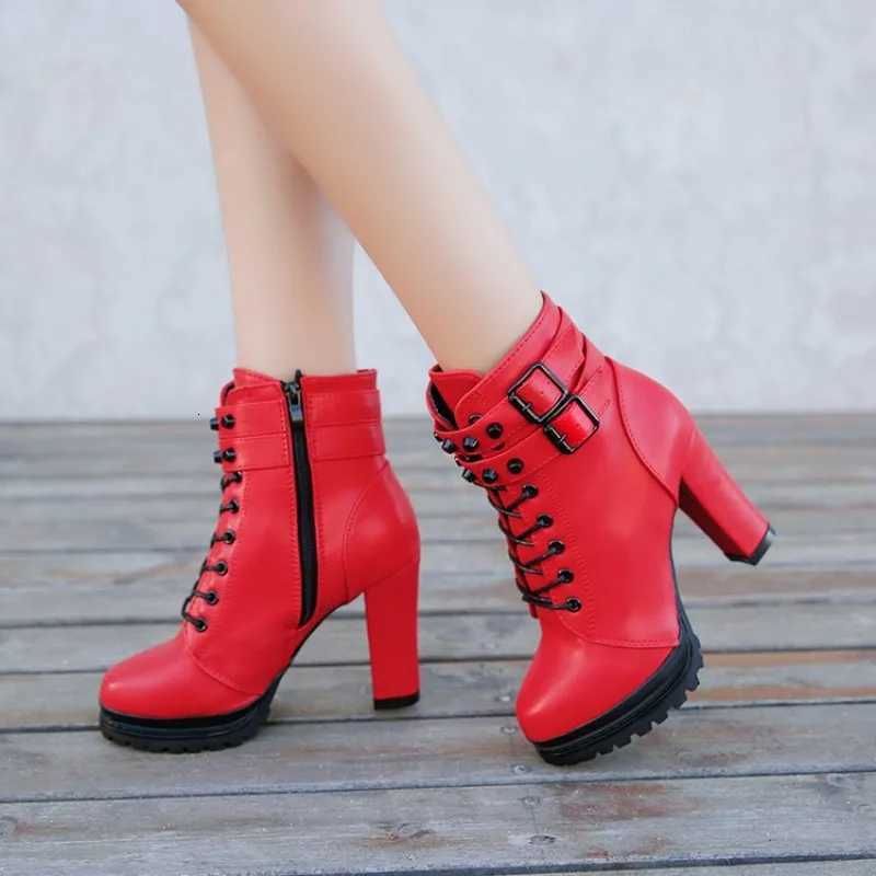 Womens High Heels Fall Chunky Romanstyle Belt Buckle Short Boots Fashion Platform Ankle Boots Black Red Ladies Autumn Booties W251024