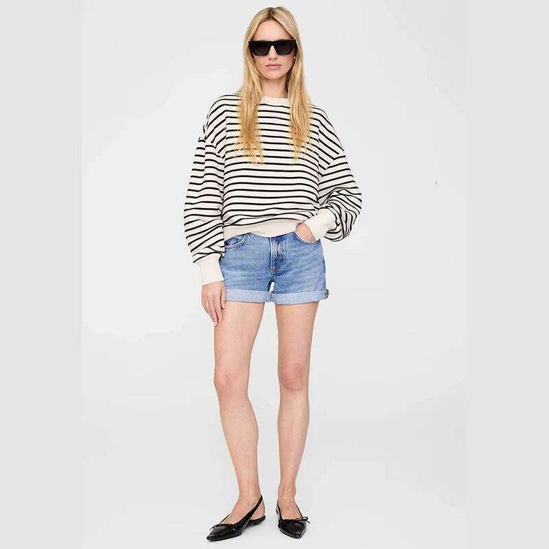 White Black Stripes Long Sleeve O-Neck Sweatshirt Women Autumn Winter New Casual Sweatshirt Female