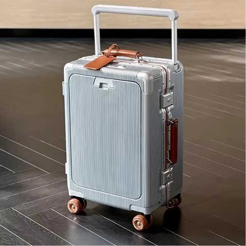 Front Opening High Quality Aluminium Suitcase Wide Handle Front Opening Carry on Travel Bag With Laptop USB Charger PortW251024
