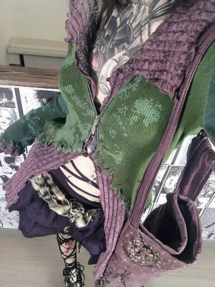 Vintage Street Print Turtleneck Sweaters Mujer Y2k Slim Fit Zipper Knitted Tops Women Spring Aurumn Long Sleeve Cardigan 251023