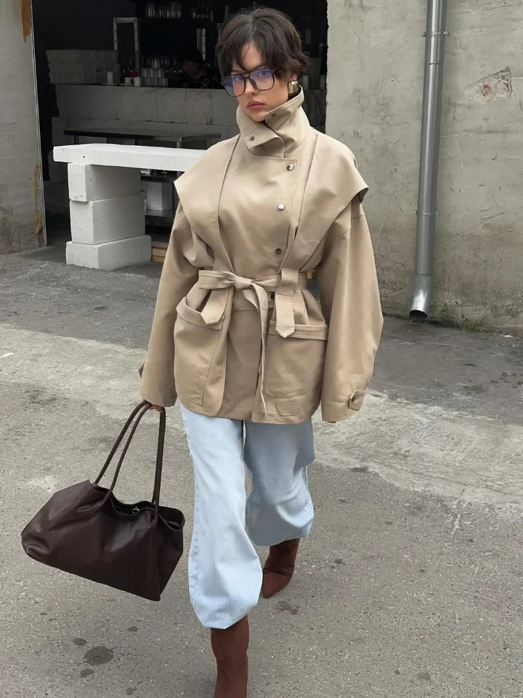 Women Waist Cinching Windbreaker Fashion Solid High Neck Buttons Long Sleeve Singlebreasted Coats Lady Street Jacket 251021