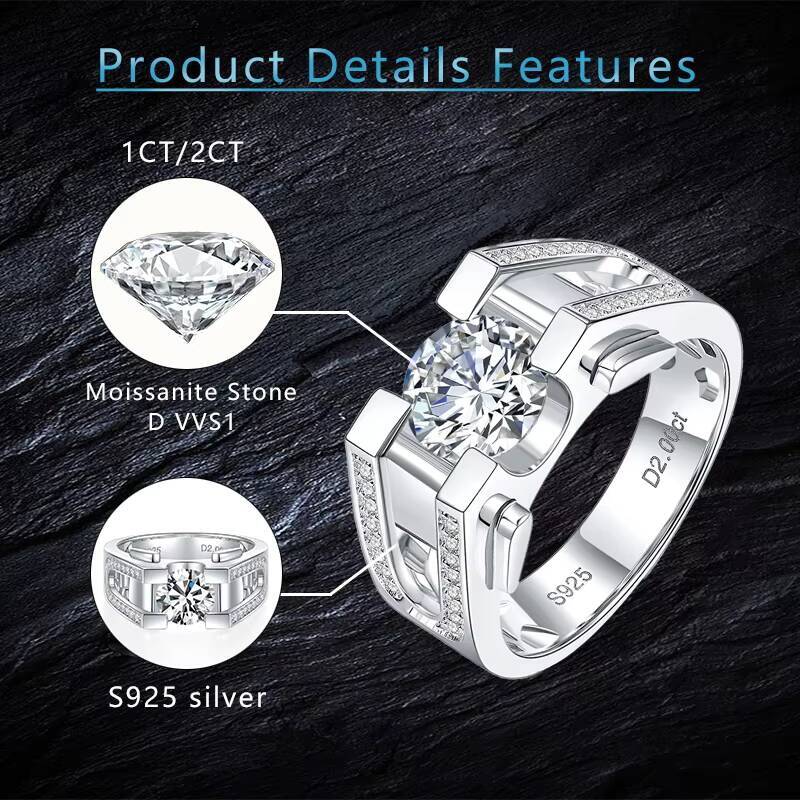 White Gold S925 Silver Rings DVVS1 Moissanite 1CT 2CT Round Shape Moissanite Stones Men Silver 925 Ring