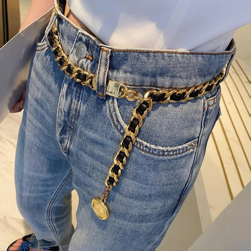 Belts designer belt for women10A genuine leather baroque Gold Plated Copper Calfskin Waist Chains With Coin Pendent Vintage Black Adjustable Belt
