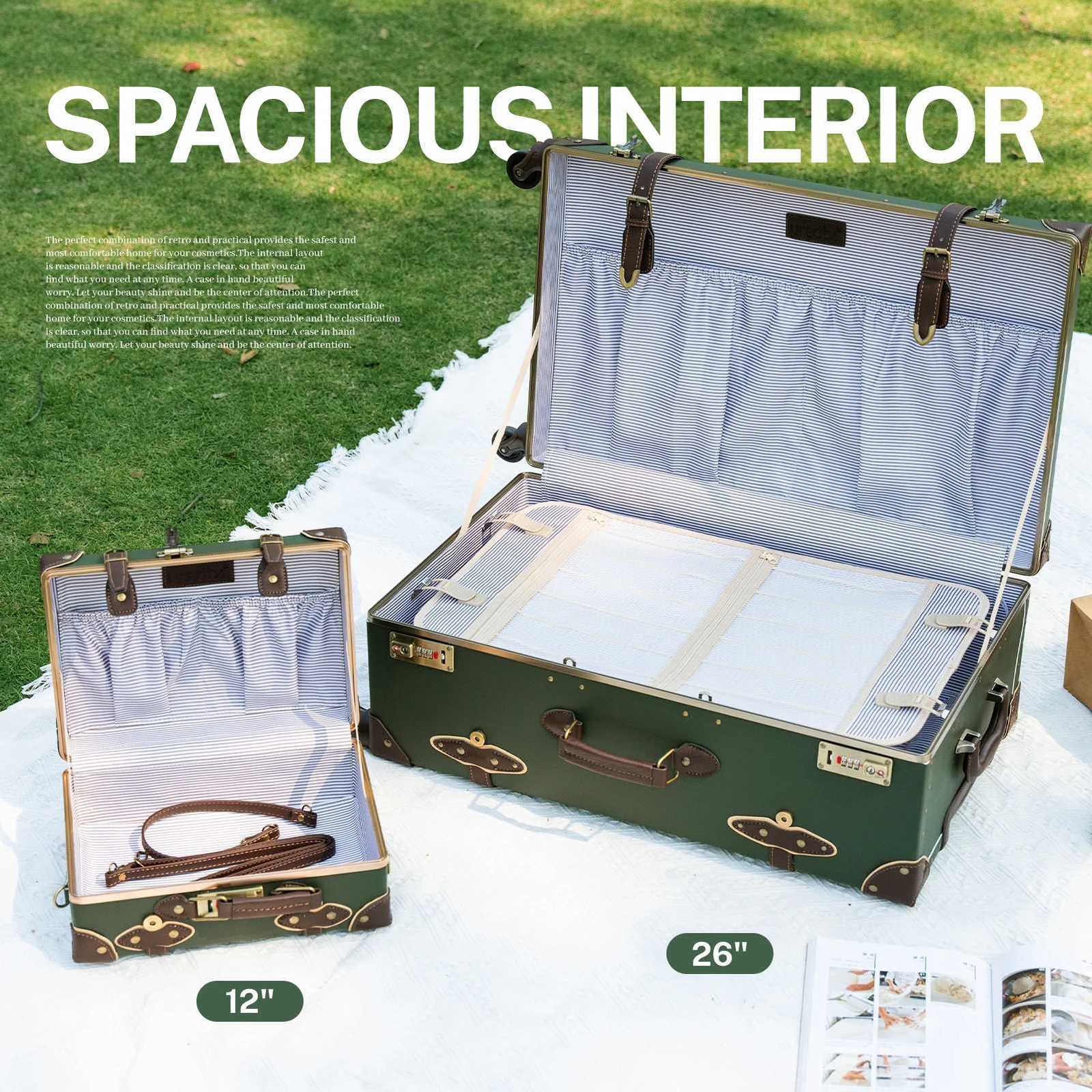 urecity Vintage Luggage Set 3 Piece Retro trolley luggage bagTravel Luggage with Spinner Wheels and Beauty Case Army GreenW251024