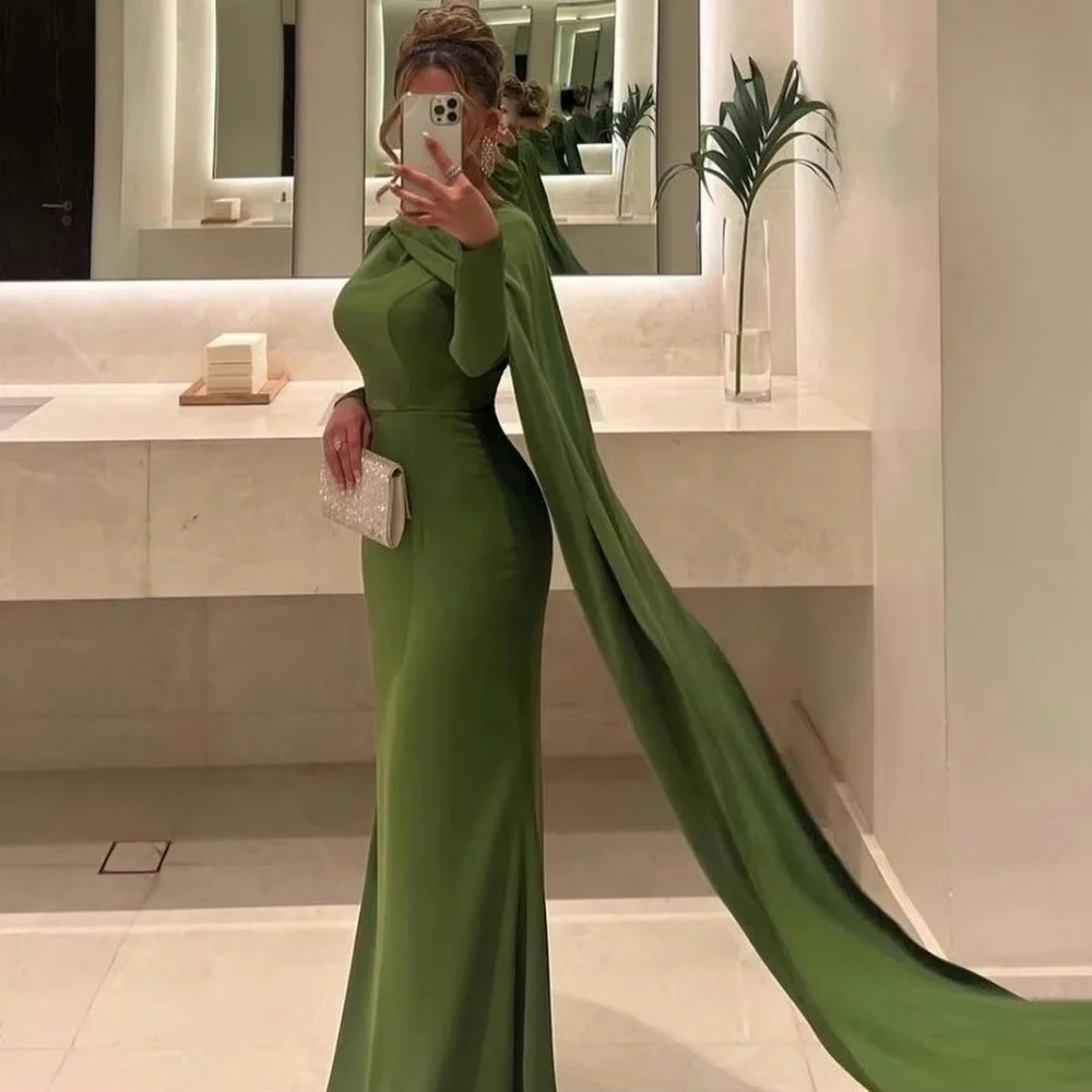 Ruched Women Prom Dress Customized Long Sleeve Party Gown Charming Mermaid Green Party Dress Women Evening Gown 251023