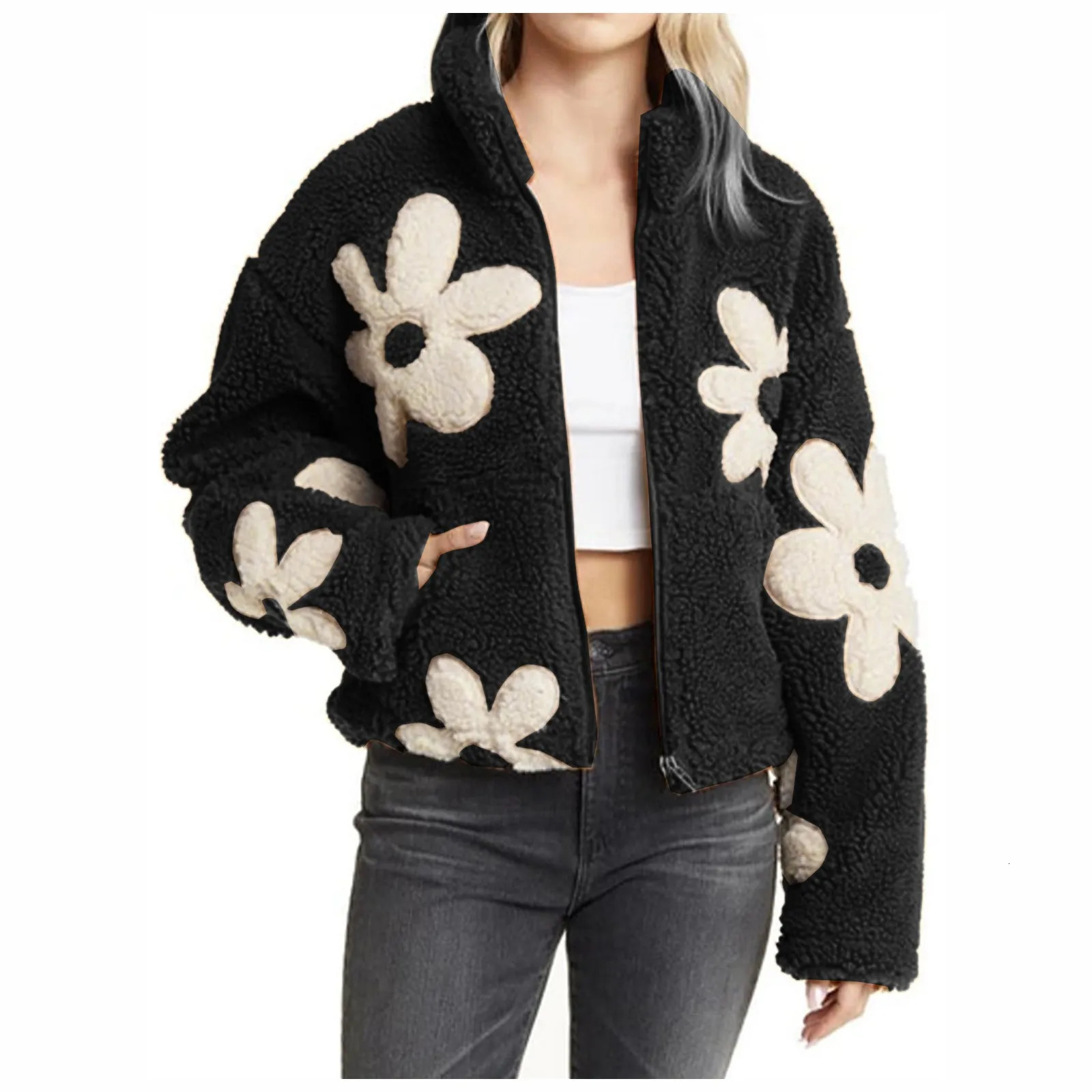 Womens Casual Floral Fleece Jackets Winter Zipper Cropped Plush Coat Female Long Sleeve Lamb Wool Outwears With Pocket Chaquetas 251021