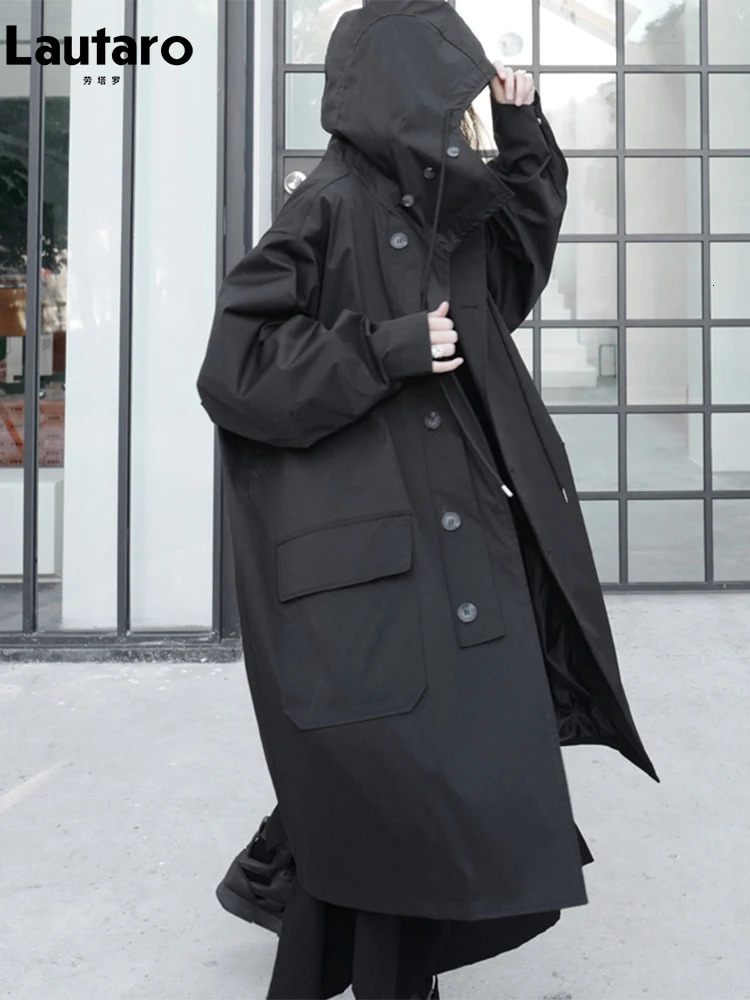 Lautaro Spring Autumn Long Oversized Black Trench Coat with Hood Dark Academia Aesthetic y ner Clothes for Women 251021