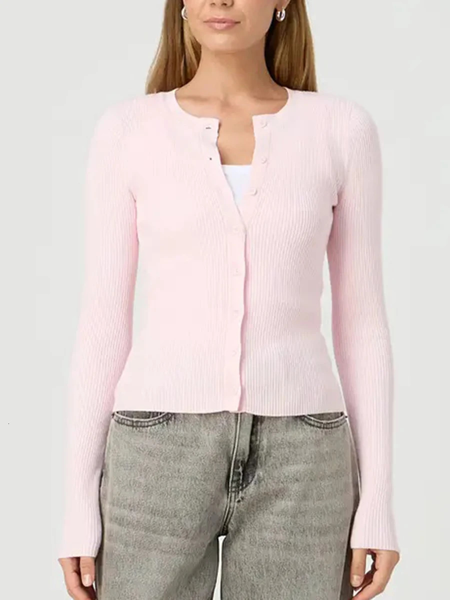 Womens Ribbed Cardigan Tops Spring Fall Solid Color Long Sleeve Round Neck Button Up Cropped Sweaters Female Casual Pullovers 251013