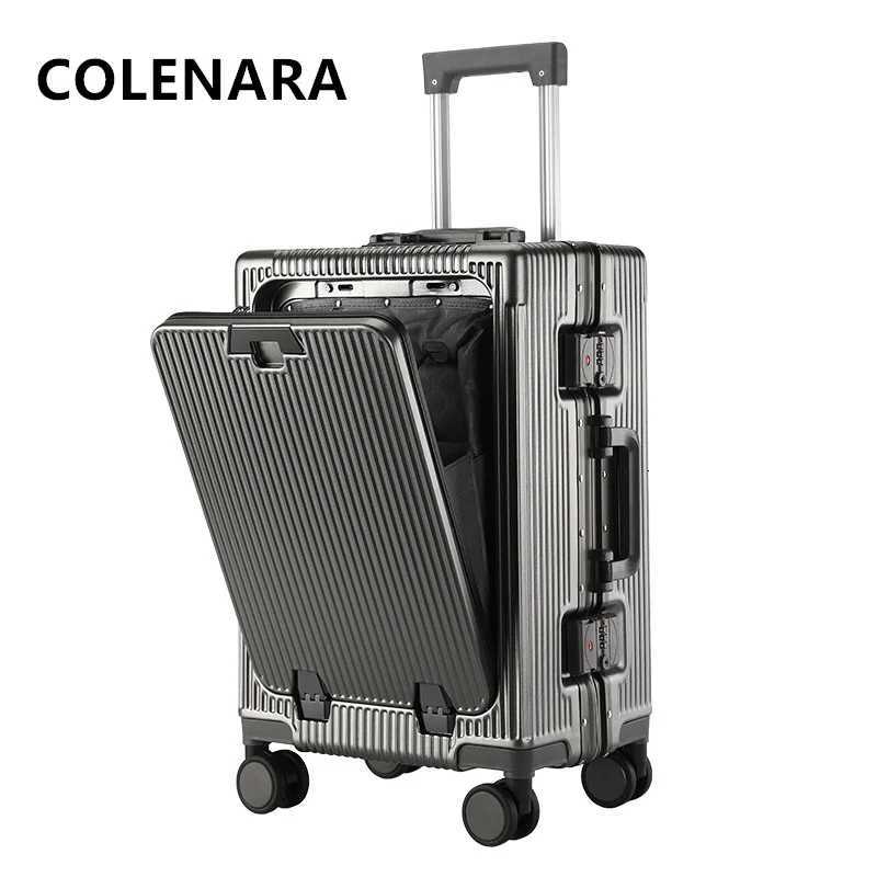 COLENARA High Quality Suitcase 2024 Inch Front Opening Laptop Trolley Case Aluminum Frame Boarding Case USB Charging LuggageW251024