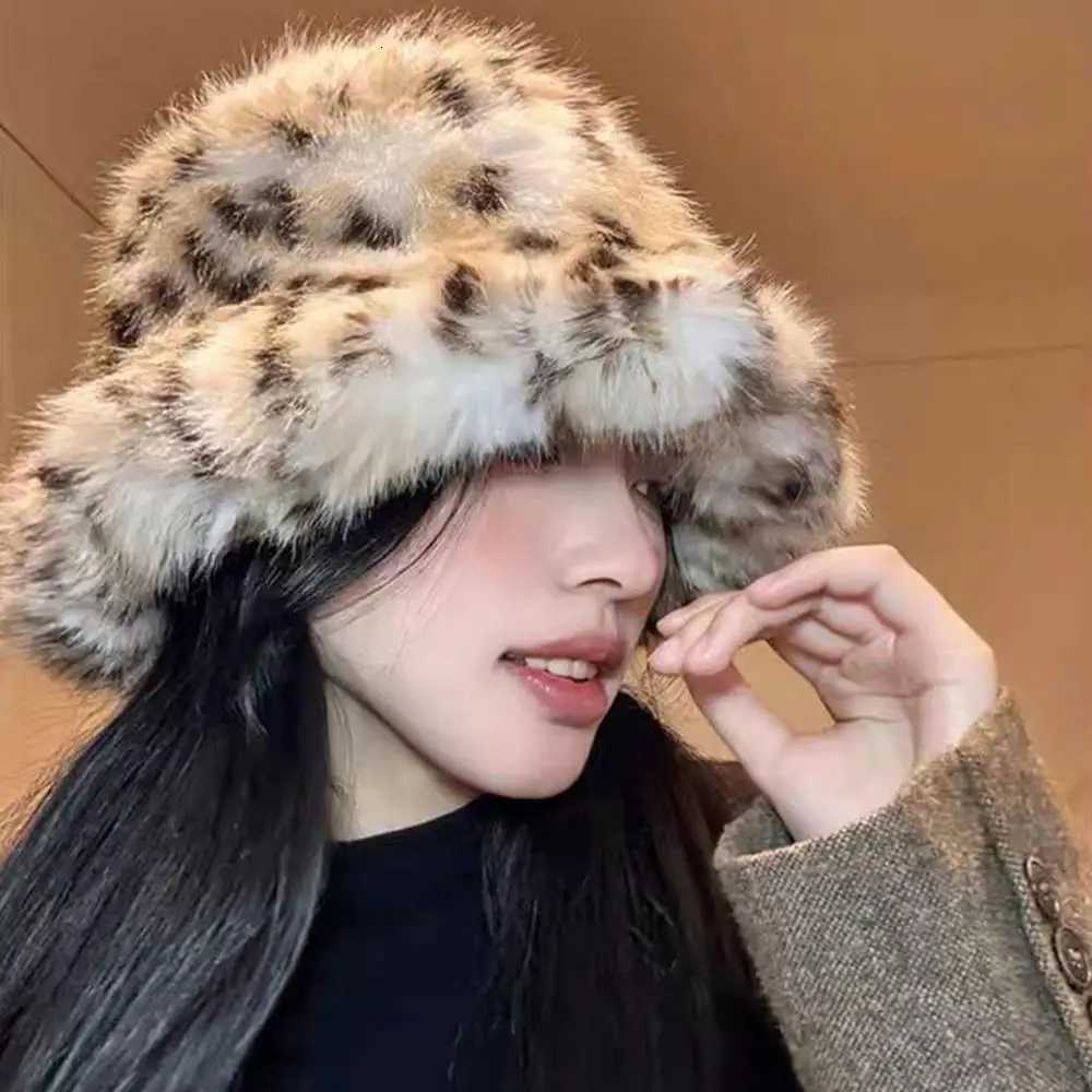 Leopard Plush Fisherman Beanie Hat Korean Style Face Recognition Bucket Hats Big Head Circumference Faux Fur Streetwear CapsL251024