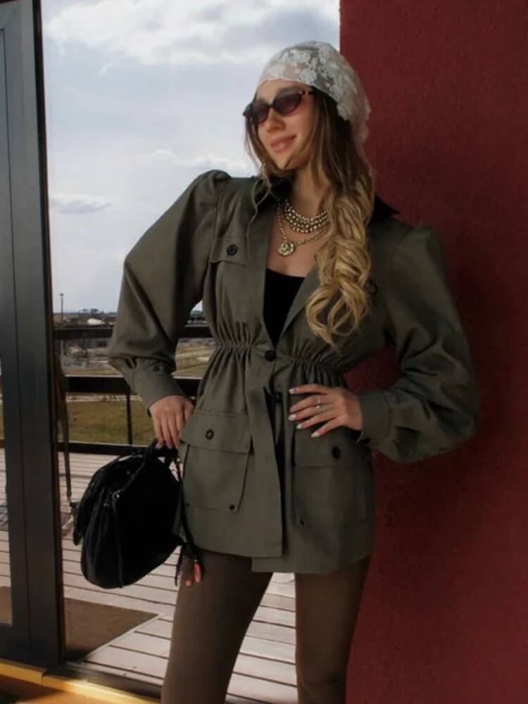 Stand Collar Multi Pockets Drawstring Waist Cinching Office Women Button Long Sleeve Casual Loose Coat Autumn Lady Leisure Coats dongdumaoyi
