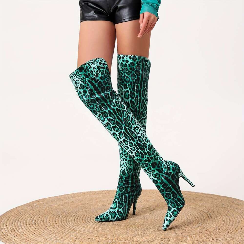 Winter Leopard Print Women's Knee High Heels