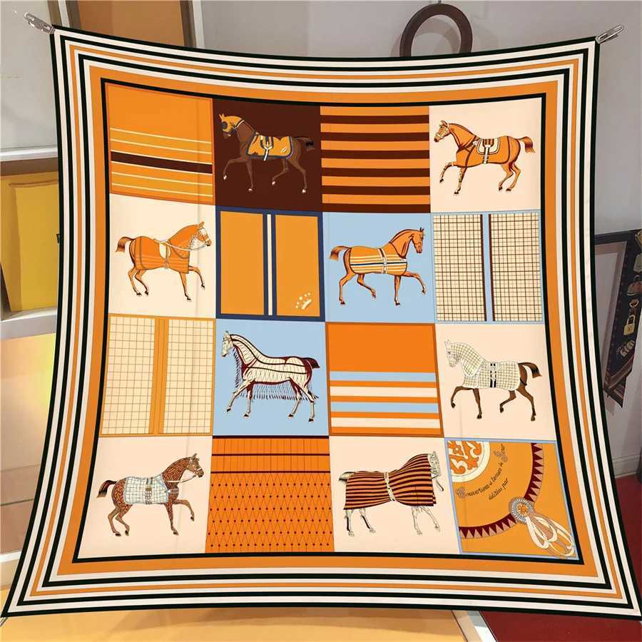 90cm Twill Silk Scarf Shawl Luxury Checkered Horse Print Square Scarves Women Hijabs Bandana Foulard Head Neckerchief C251024