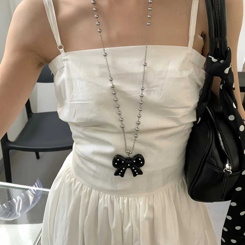 Retro Black Polka Dots Bows Pendant Necklace Kpop Long Beads Chain Sweater Chain Necklace For Women Fashion JewelryXJ251024