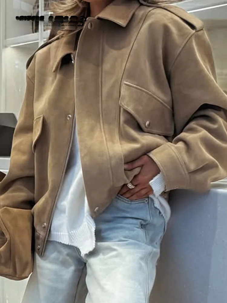 Chic Suede Bomber Jackets Women Loose Lapel Zipper Long Sleeve Pockets Female Coats 2025 Autumn Lady Commute Outwear New dongdumaoyi