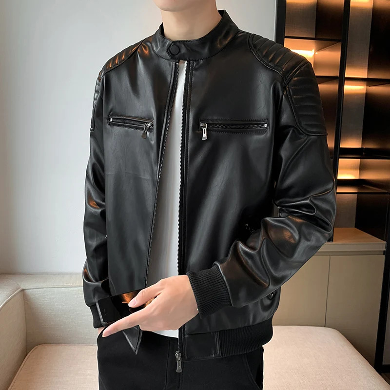 Autumn Stand Collar Leather Jacket Men Fashion Handsome Trend Solid Color Leather Jacket Youth Large Size Motorcycle Coat 251021