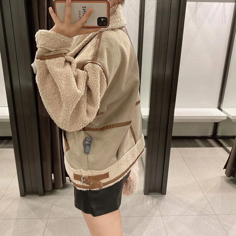 Womens Fashion Stitching Faux Leather Lamb Jacket With Zipper Decoration Stand Collar Thickening Warm Winter 251021
