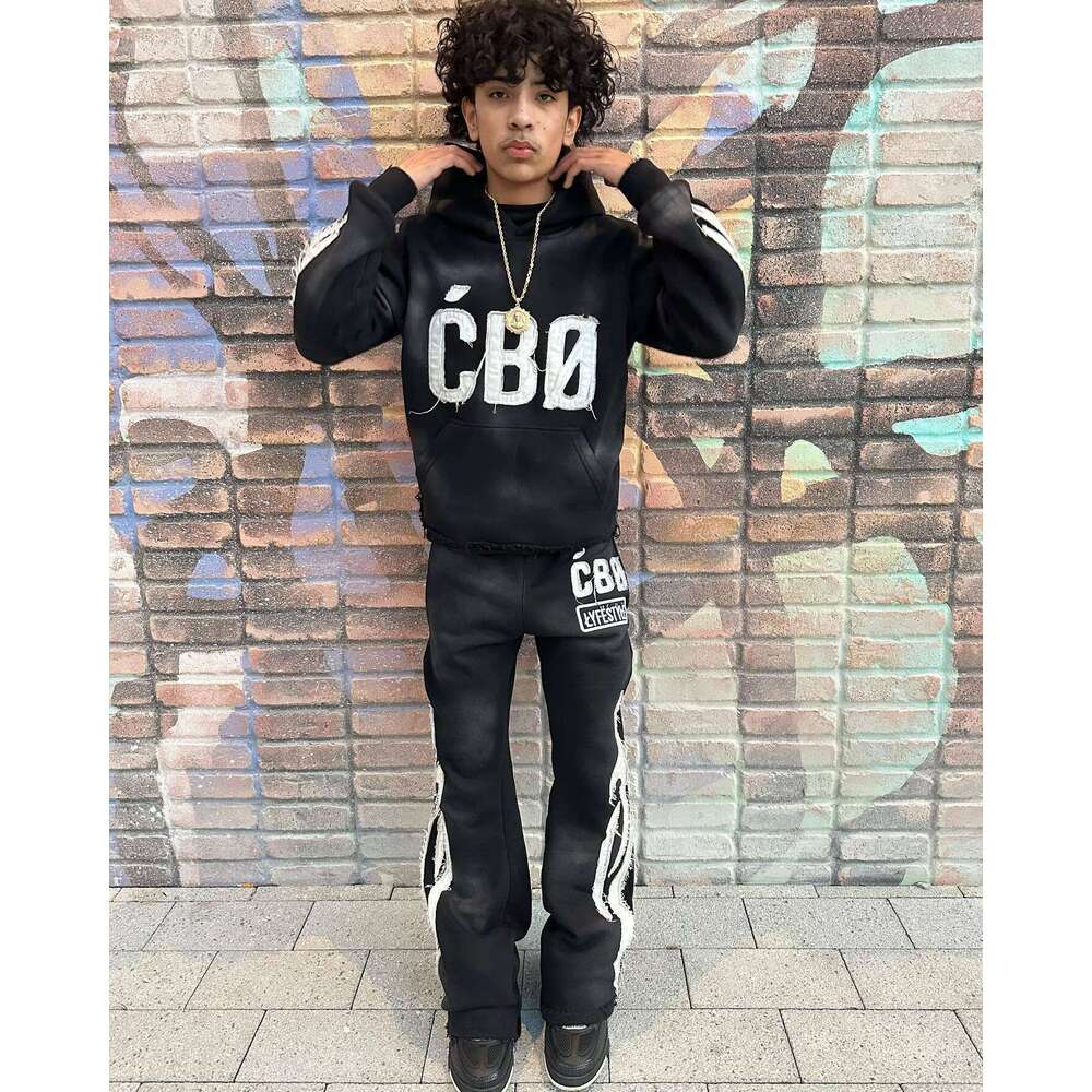 American Style Autumn Winter Trendy Brand Hooded Letter Patch Sweatshirt Unisex Pocket Wide Leg Pants Set