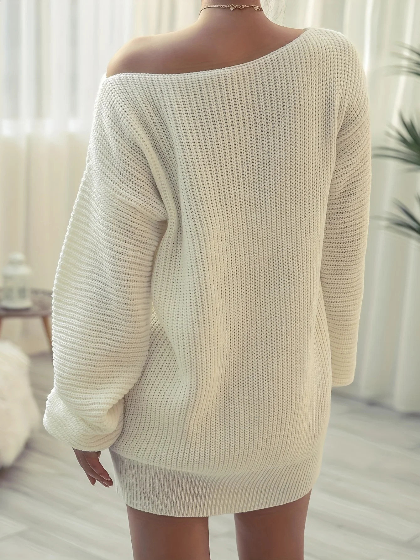 Solid Off Shoulder Knitted Dress Casual Long Sleeve Sweater Dress For Fall Winter Womens Clothing 251023