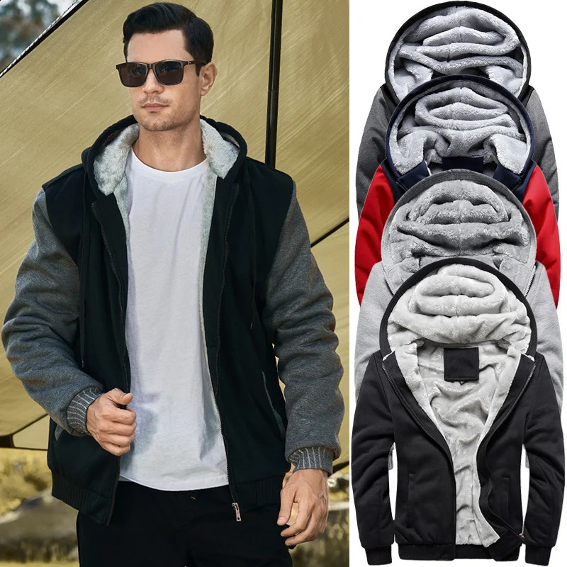 Winter Warm Sherpa Lined Coat for Men Heavyweight Plush Fleece Jackets Outwear Long Sleeve Zip Up Hoodie Sweatshirt Tops Outfits 251023