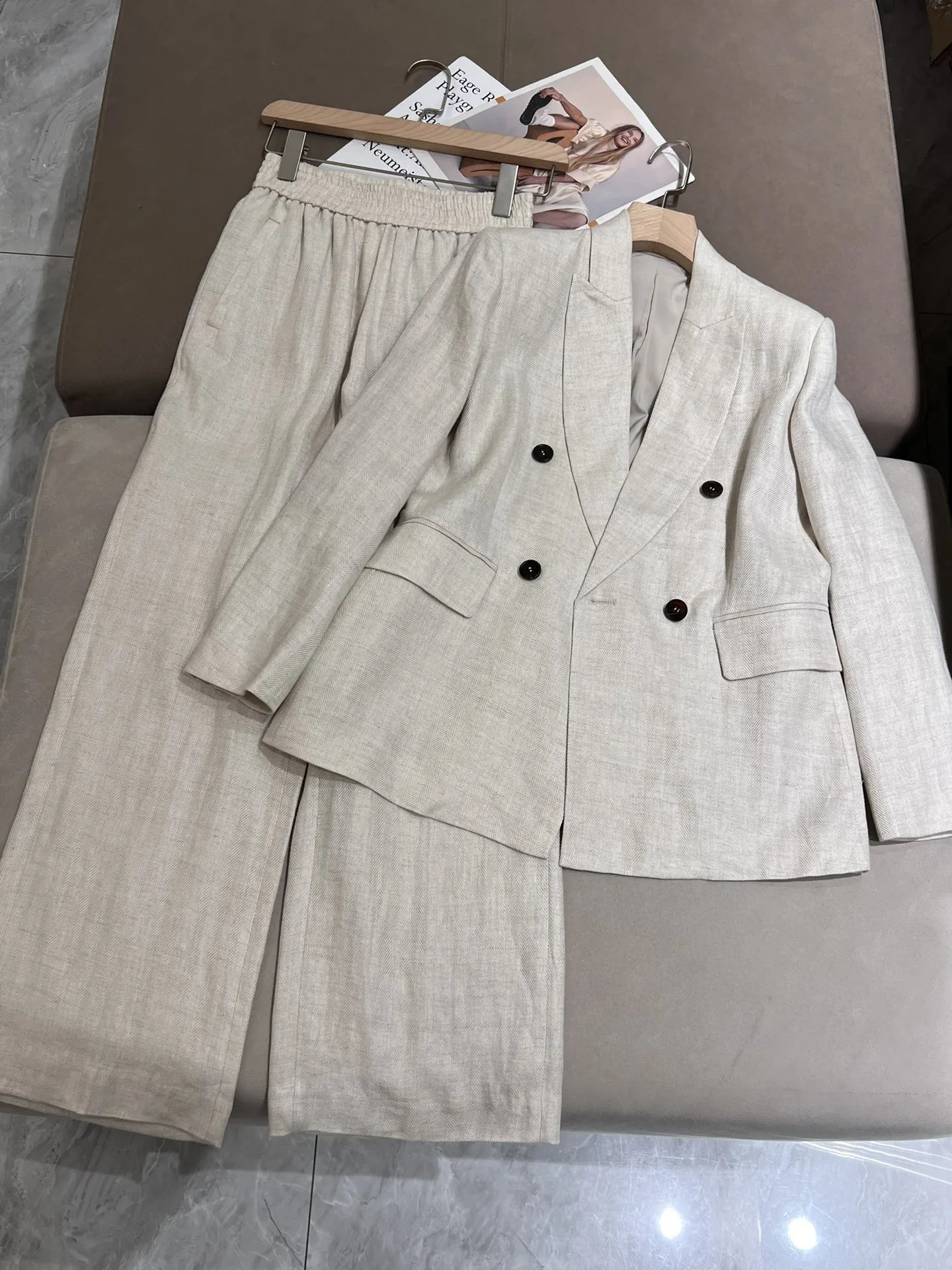 Womens Linen Sequins Blazer Jacket Suit Pants Blazer Vest Short Jacket Set 251023