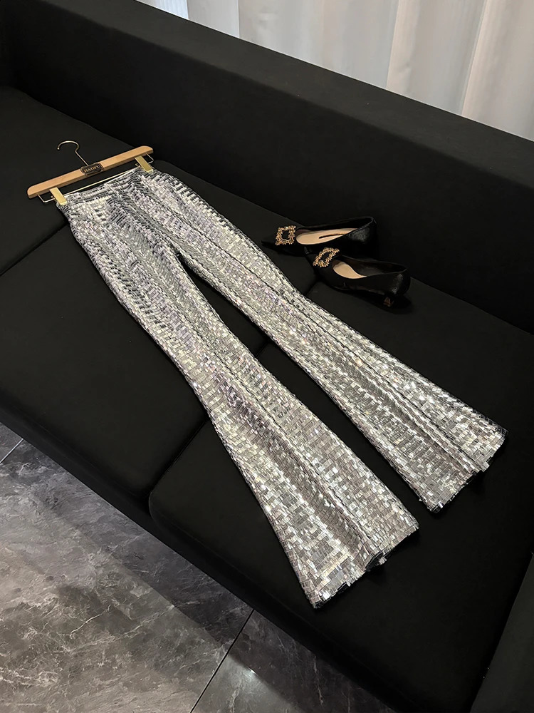 High Quality Silver Shiny Sequin Pantsuits Blazer Flared Pants Set Eye Catching Party Evening Wear Mesh Sequin Pants Set Outfits 251023